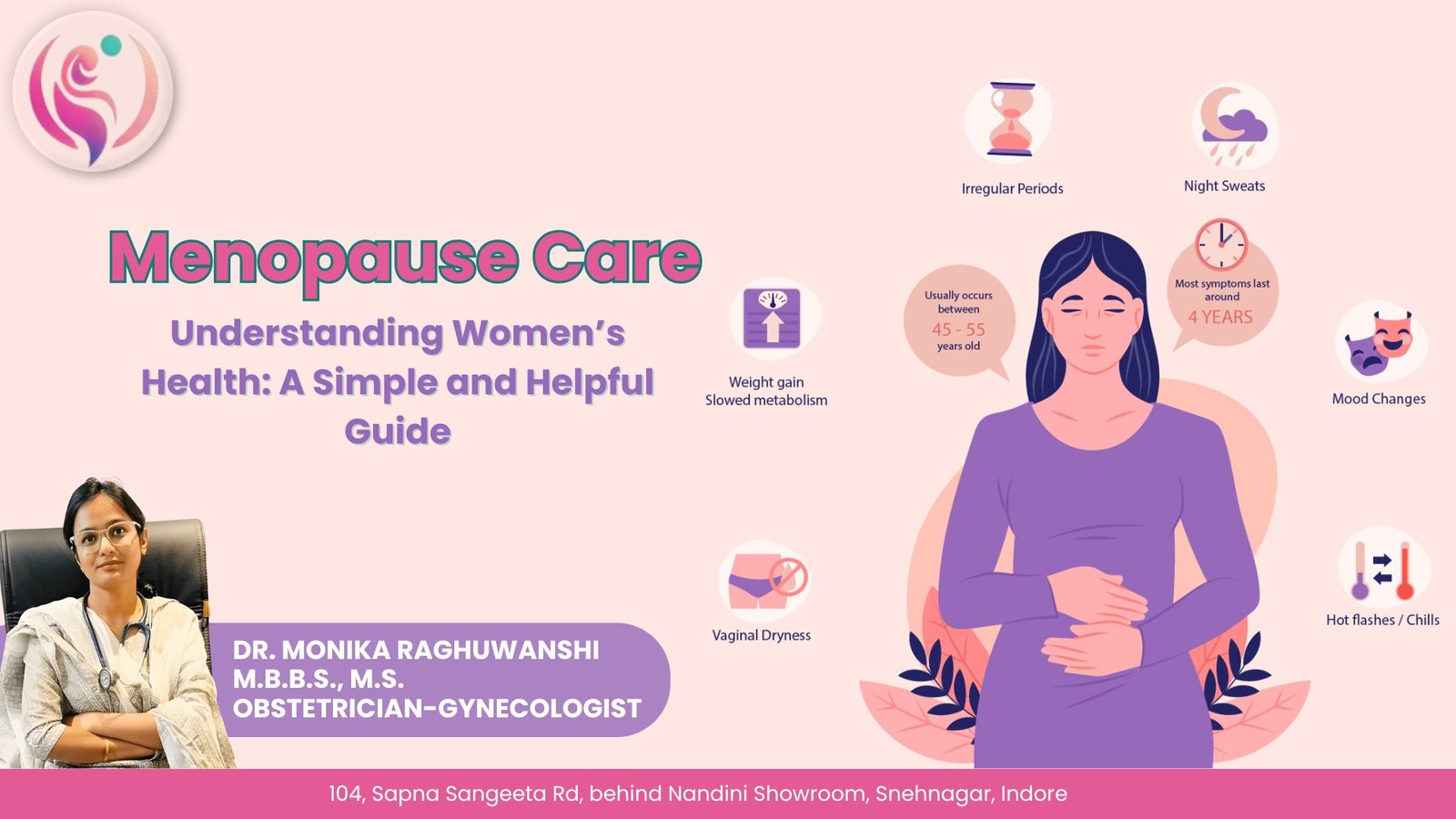 Menopause Care: An informative guide on women’s health, symptoms, and expert advice by Dr. Monika Raghuwanshi, OB-GYN, Indore.